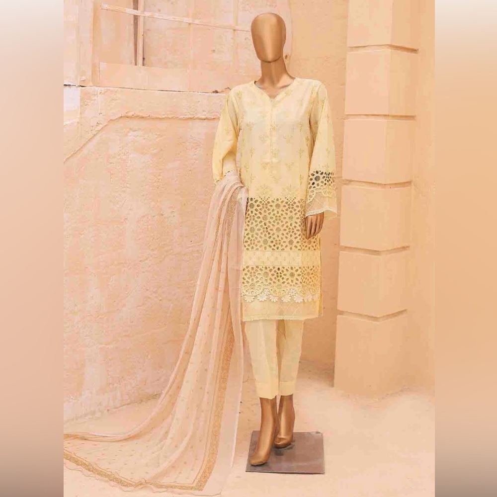 3 Piece Pastel Yellow Color Lawn ChikanKari Stitched Suit with Chiffon Dupatta